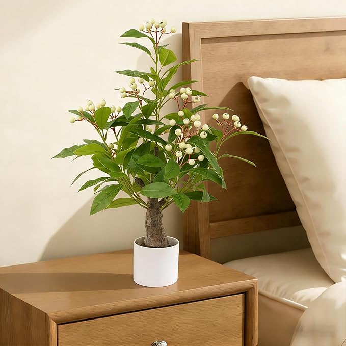 24" Artificial Greenery Tree with Pot, Indoor Fake Green Plant Small Faux Berry Branches Green Potted Tree Stems for Tabletop Desk Office Kitchen Living Room Bedroom Bathroom Home Decor (White Berry)