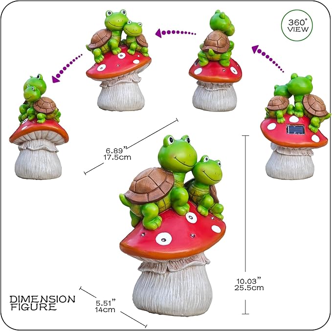 Solar Garden Turtle Figurines Outdoor Ornaments - Orange Mushroom with Sweet Frog Face Cute Turtles Decor, Resin Decorations Unique Garden Art Resin Statue Gifts for Patio Lawn Porch Yard