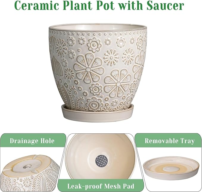 MPotTo Ceramic Planter 8 Inch Plant Pot with Drainage Hole and Saucer Ceramic Pots for Indoor Plants Outdoor Large Flower Pot for Home Decor White
