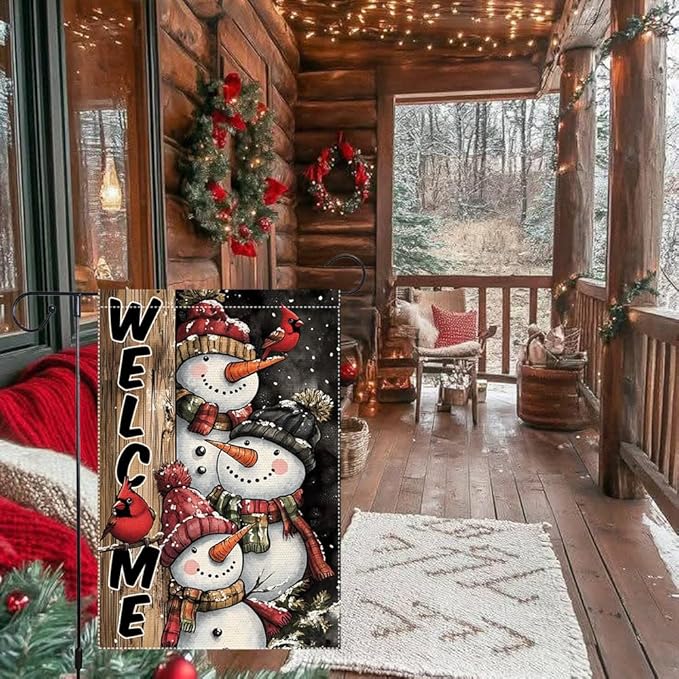 Winter Snowman Family Garden Flag Double Sided 12x18 Inch Small Burlap Outdoor Yard Decoration Holiday Welcome Banner with Cardinals