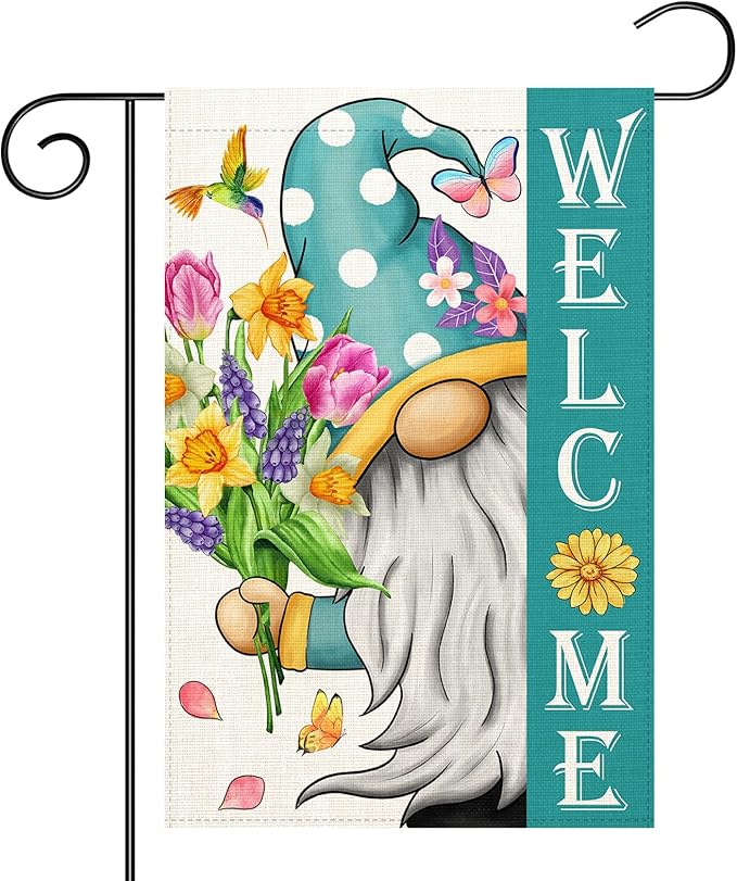 Welcome Spring Gnomes Garden Flag 12x18 Double Sided Vertical Outdoor Flag for Spring Summer Farmhouse Decoration Yard Lawn Garden Banner (Spring Garden Flag)