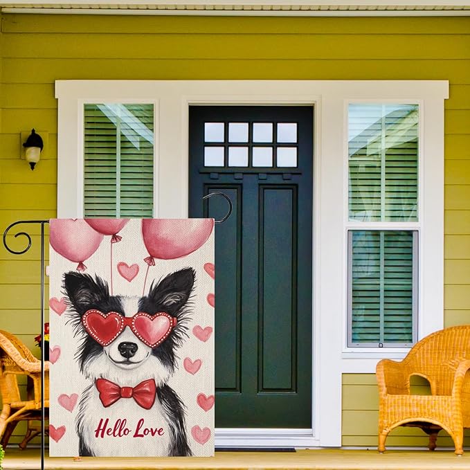 Valentine's Day Shetland-Sheep-Dog Hello Love Garden Flag, House Yard Plaid Love Heart Outside Decoration, Spring Holiday Wedding Anniversary Outdoor Small Decor 12x18(12639)
