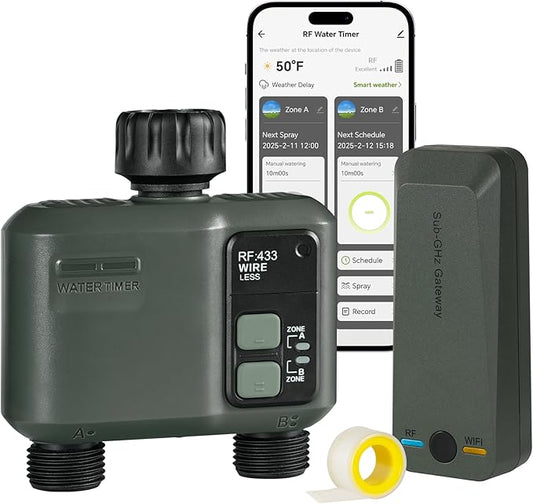WiFi Water Timer for Garden Hose, Sprinkler Timer 2 Zone, Smart Lawn Watering System with WiFi Irrigation Controller, Voice Control, Automatic Irrigation/Rain Delay/Manual Watering D32WT06