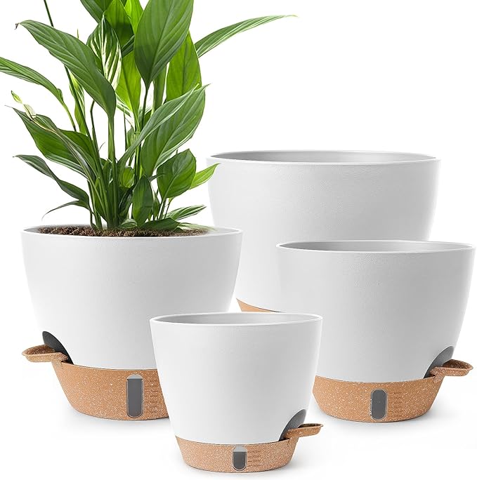 WEICHENGXING Plant Pots,12/10/9/8/ Inch Large Plastic Self Watering Flower Pots Indoor Outdoor with Drainage Holes, Deep Reservoir,Nursery Planting Pot for Indoor Out Door Plants White