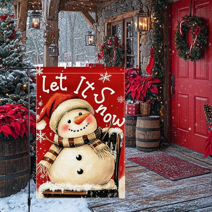 Christmas Snowman Garden Flag 12x18 Inch Double Sided Burlap Holiday Yard Decoration Santa Hat and Scarf Snowflake Design Outdoor Welcome Banner