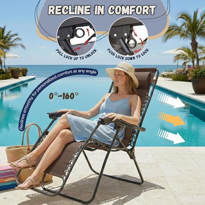 EZONE 1 - Chair Zero Gravity Lounge Chair Outdoor Adjustable Reclining Patio Chair Steel Mesh Folding Recliner for Pool Beach Camping Lounge Chair with Pillow and Cup Tray (1, Brown)