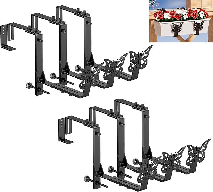 6 Pack Window Box Brackets, Adjustable Planter Box Brackets, Universal Flower Box Bracket for Deck Railing, Heavy Duty Railing Planter Bracket for Balcony, Fence and Garden - Black