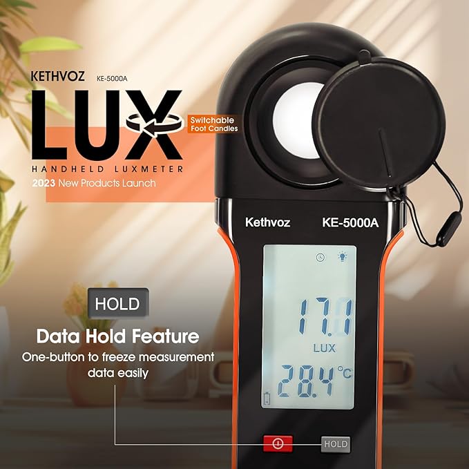 Kethvoz Digital Illuminance Light Meter, 400,000 Lux/FC Illuminance Tester with 270° Rotating Sensor, Data Logging, for Indoor Plants, Greenhouse, Grow Tent, Aquarium, Photography Lighting Measurement