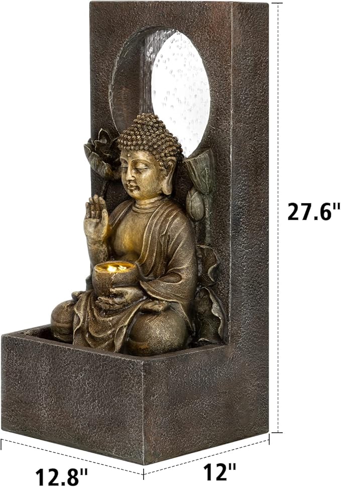 Ferrisland Buddha Waterfall Fountain Outdoor, Freestanding Relaxing Water Fountain, Asian Zen Fengshui Patio Garden Backyard Decking Home Decor, Gift Ideas (Gold, 27.6" H)