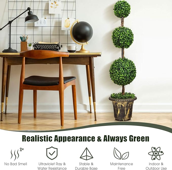 DREAMADE 4ft Topiary Trees Artificial Outdoor, Triple Ball Boxwood Topiary w/Cement-Filled Retro Pot, Fake Plants Shrub Bushes for Home, Office, Porch, Front Door, Entrance, Backyard