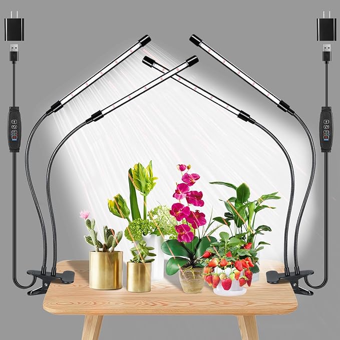 Full Spectrum Plant Growing Lamps 2 Pack, 168 LEDs Clip Lights, White + Red Spectrum, 4/8/12h Timer, 3 Modes, 10 Dimmable Levels, Flexible Gooseneck, for Indoor Plants