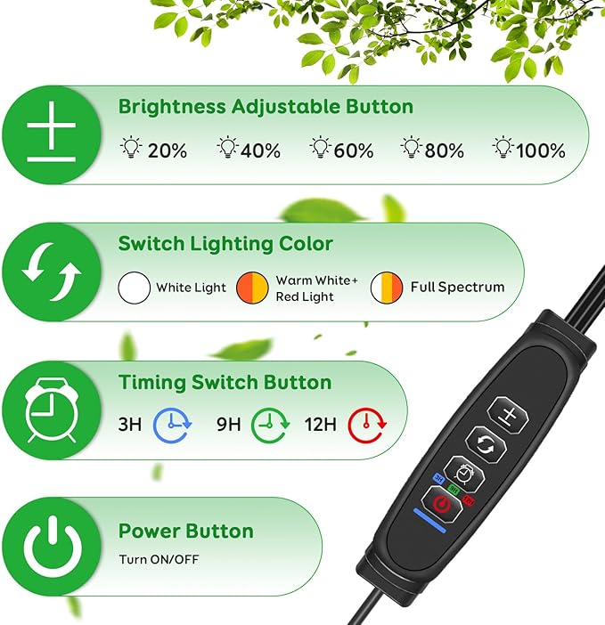 LPMZMBL Full Spectrum LED Grow Light for Indoor Plants, 3Heads Grow Lights for Seed Starting, 10 Dimmable Levels & 3 Timer Modes (3/9/12H), Adjustable 360° Gooseneck with Clip, Plant Grow Light 2 Pack