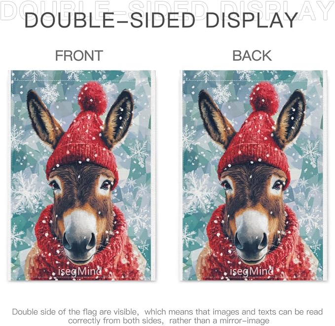 Donkey with Red Scarf and Hat Snowflake Christmas Garden Flag, 28x40 Inch Double Sided Linen Holiday Red Winter Farmhouse Yard Outdoor Decoration (4339)