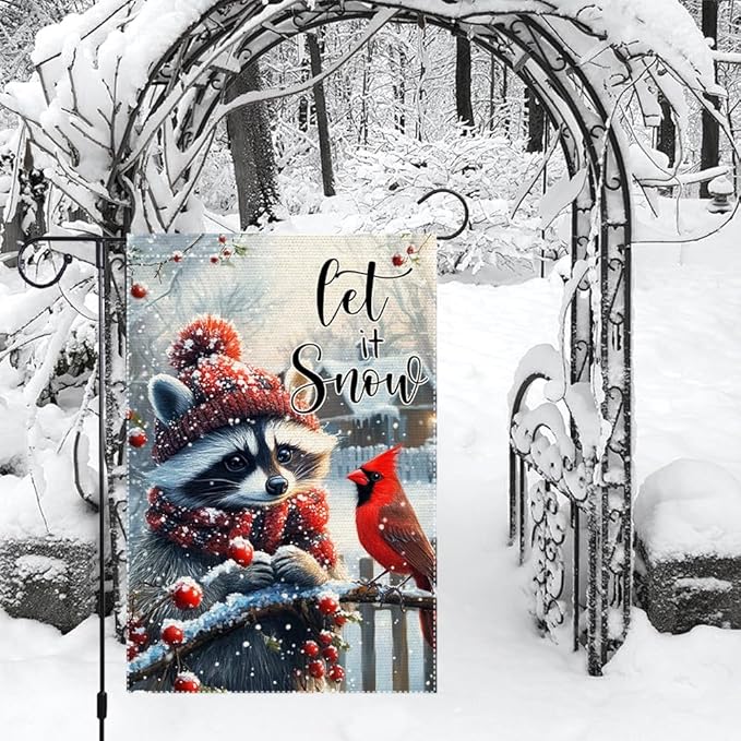 Winter Gardening Flag 12x18 inch Double-sided Cotton Fabric Garden Flag, Cute Red-Haired Bear Bird Snow Scene Outdoor Decor Flags, Christmas Winter Seasonal Welcome Flag