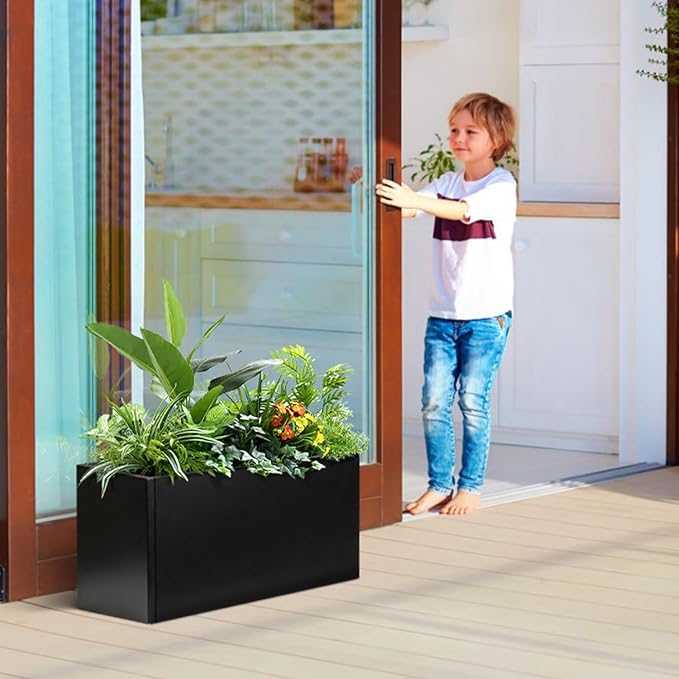 GZGNEEVL Metal Rectangular Planter Black Galvanized Steel Rectangle Indoor Planter Box Large Outdoor Planters Steel 25" L x 11" W x 13" H Commercial Residential for Patio, Yard, Garden