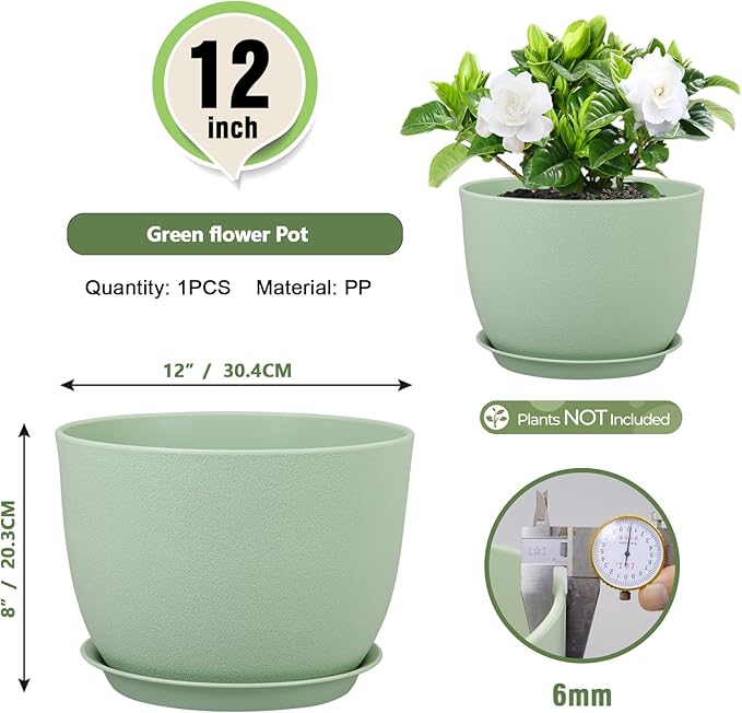 Meowell 12 inch Big Plant Pots, Plastic Planters with Drainage Holes and Trays, Flower Pots for Indoor Outdoor Plants, Modern Decorative Pots for Garden House Plants, Green