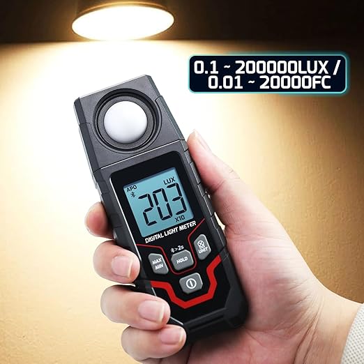 Light Meter Wireless Lux Meter, 0.1~200,000 Lux Range Light Meter for Plants, Bluetooth Lux Meter Light Meter App Connection, Data Logging and Export, Backlight LCD Display for Plants, Photography