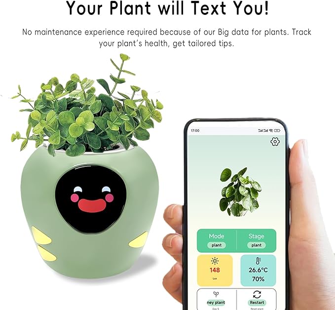 Odpaltoy Smart Plant Pot with Expression, AI Intelligent Flower Pot for Indoor Decoration, Smart Garden Pot with Water/Light/Temperature Sensors, Ivy AI Planter (Green（Big）)