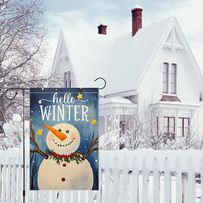 Winter Snowman Garden Flag Double Sided 12x18 Inch Small Burlap Outdoor Yard Decoration Seasonal Holiday Welcome Banner