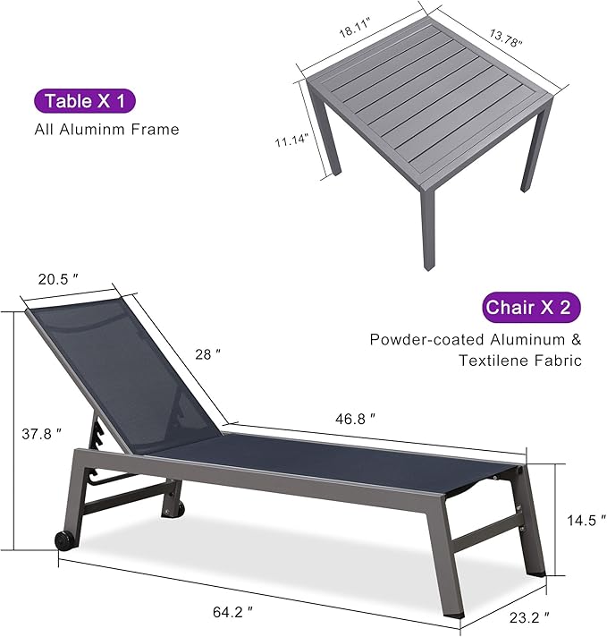 PURPLE LEAF Outdoor Lounge Chair Set for 2 Aluminum Patio Chaise Lounger with Easy-to-Move Wheels and Adjustable Backrest Pool Reclining Lounge Chairs for Beach Yard Poolside Table Included, Navy Blue