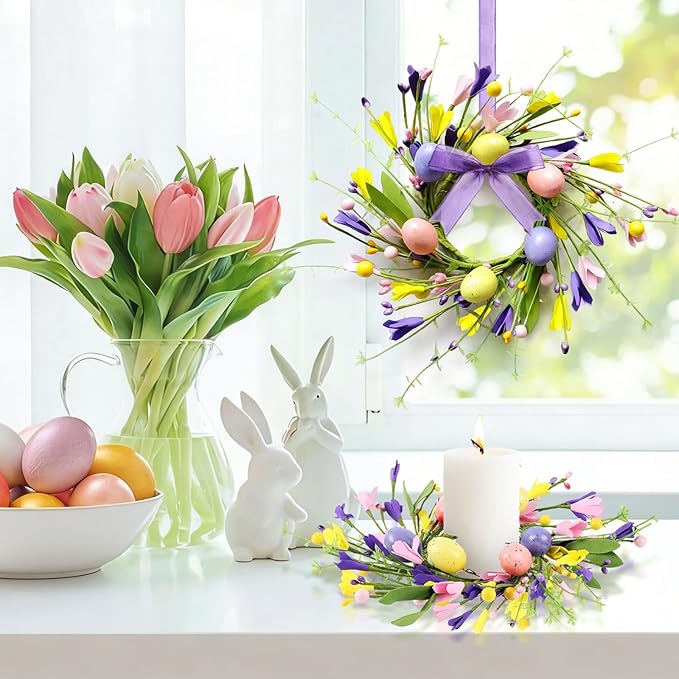 8 PCS Mini Easter Wreaths for Front Door Small Artificial Pastel Easter Egg Kitchen Cabinet Wreath Spring Summer Hanging Floral Wreath with Ribbon Berry for Home Porch Wall Window Farmhouse Decor