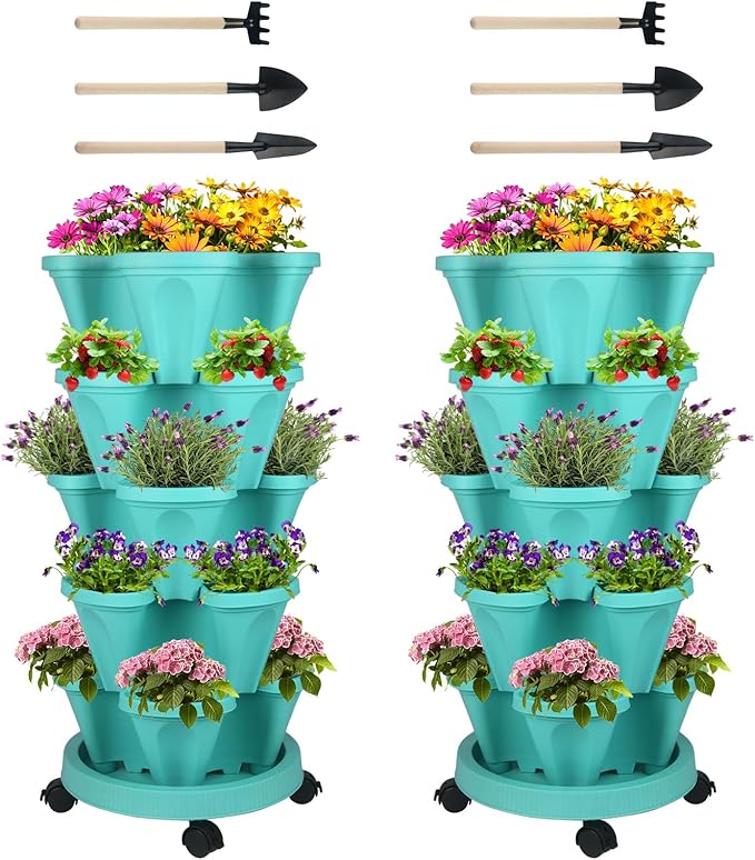 DUNCHATY Stackable Planter, Vertical Garden Planter with Wheels and Garden Tools, Strawberry Planter Indoor/Outdoor 5 Tier Herb Planter Pots for Growing Vegetables and Succulents,Teal