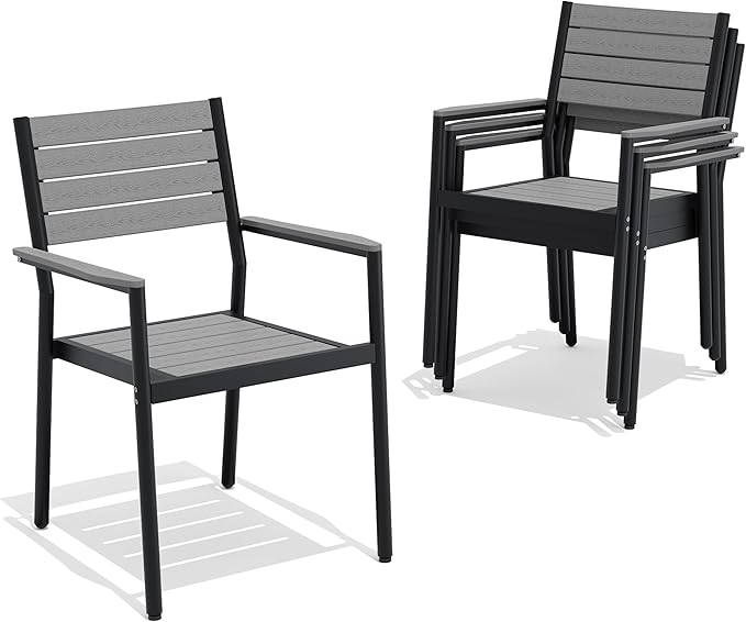 Pellebant Stackable Outdoor Dining Chairs Set of 4, Aluminum Patio Chairs with Arms, All-Weather for Garden, Lawn, Deck, Porch and Yard, Grey