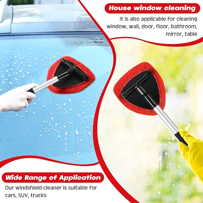 Baderke 10 Pcs Windshield Cleaner Tool Car Window Cleaning Supplies with Extendable Handle Include 6 Washable Microfiber Bonnets 2 Empty 60ml Spray Bottle Glass Wiper Kit(Red)