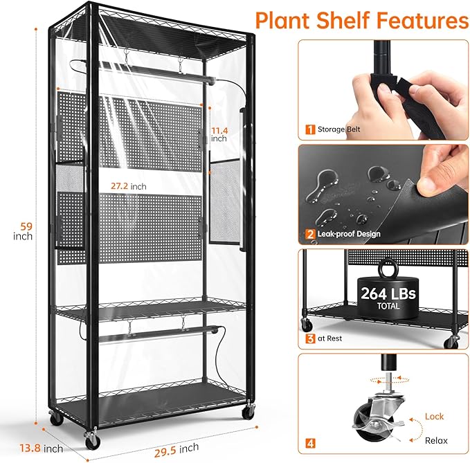 Bstrip Indoor Greenhouse Cabinet with Pegboard, Indoor Greenhouse with 4 Pack 96W Full Spectrum Grow Light for Indoor Plant, Foliage Plants, 29.5"x13.8"x59"
