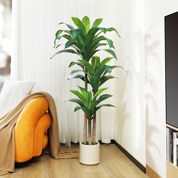 OAKRED Artificial Dracaena Tree 5ft, Tall Fake Dracaena Plants with White Planter, Faux Dragon Tree Indoor Floor Plant for Home Decor Office Living Room Porch Housewarming, 1Pcs