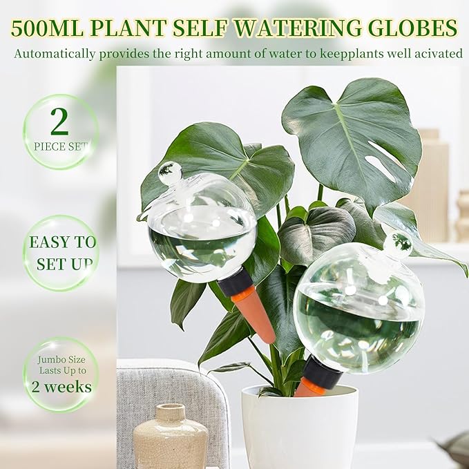 2pcs Plant Self Watering Globes with Covers, Plastic Water Bulbs Top Fill, Plant Watering Devices System Slow Release Terracotta, Water Spikes Stakes for Indoor(2)