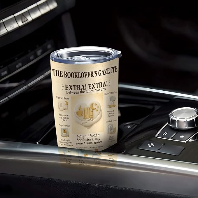 Book Lover Reading Tumbler 20 oz - Vintage Newspaper Reading Cup, Stainless Steel Double-Wall Vacuum Insulated, Lid & Straw, Car-Cup-Holder Fit, Cozy Gift for Readers, Book Club, Librarian, Teacher