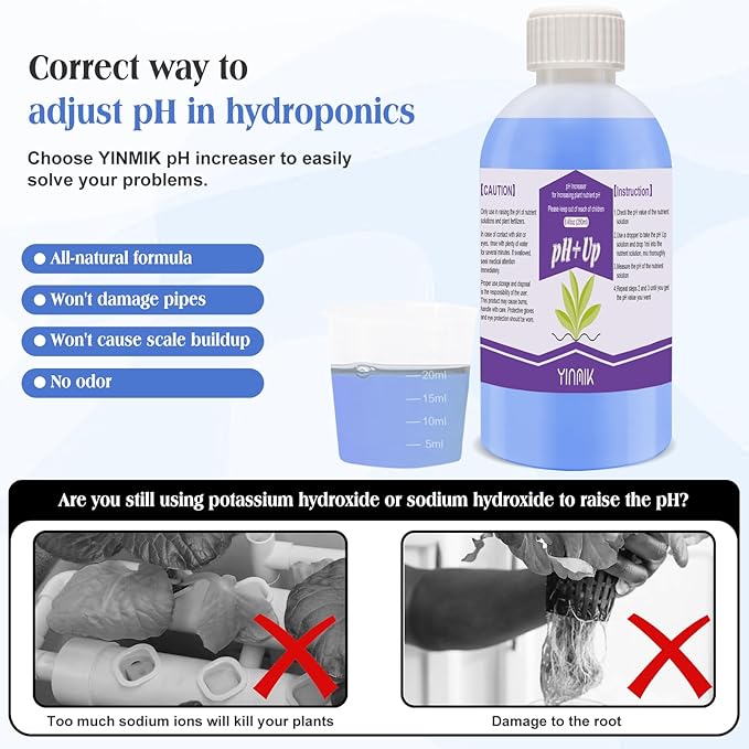 YINMIK General Hydroponics pH Up Liquid, pH Control Liquid Increase pH Levels, 250ml Premium Buffering for pH Stability,Suitable for All Hydroponics Feeding Systems, Both for Soil and Water