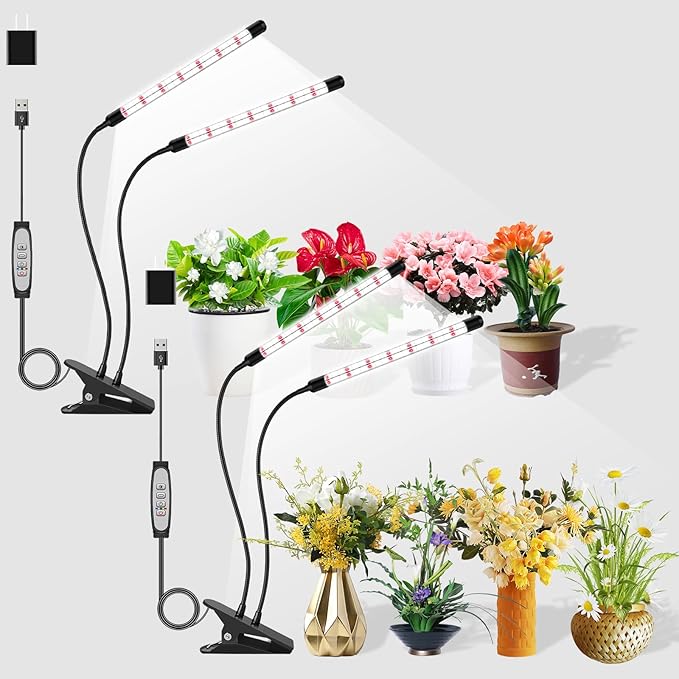 SDOVUERC V-Shape Grow Lights for Indoor Plants Full Spectrum, 2 Heads LED Plant Lamps with Clips and 5 Dimmable Level and 6/12/18H Timer for Plant Growing(Pack 2)