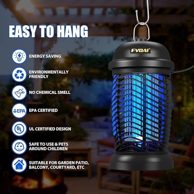 Bug Zapper Outdoor, Mosquito Zapper, Fly Zapper, Insect Zapper Electric Fly Traps for 1/2 Acre, Indoor Outdoor Use with 3 Prong Plug-in,4200V, ABS Plastic Outer, Black