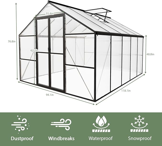 8 x 10 FT Outdoor Greenhouse, Heavy-Duty Polycarbonate Greenhouse with Aluminum Frame, Lockable Door, Adjustable Roof Vent, Walk-in Green House for Backyard, Garden, Patio