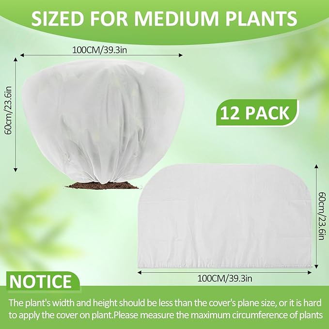 Wesnoy 12 Pcs Winter Plant Covers Freeze Protection 39.4x23.6 Inch Horizontal Shrub Tree Rose Plant Protection Bags Frost Blanket with Drawstring for Fall Winter Outdoor Garden Planting (White)