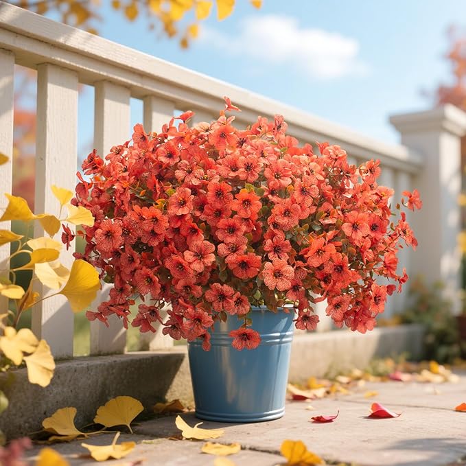 Grunyia Fall Outdoor Artificial Flowers 16 Bundles - UV Resistant Faux Daisy with Eucalyptus Leaves, Weatherproof Fake Plants for Porch, Patio, Garden Decor, Indoor Outdoor Decor (Fall Orange Red)