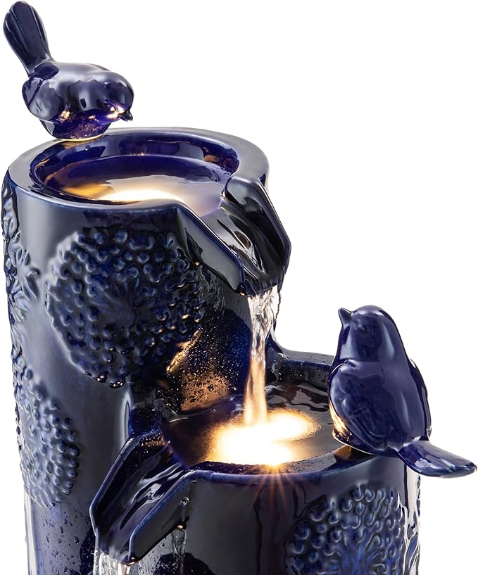Glitzhome 27" H Outdoor Water Fountain with LED Light, Pump & Adapter, 4-Tier Cobalt Blue Dandelion Vase Ceramic Cascading Garden Fountains Waterfalls with Birds, for Porch Deck Patio Backyard