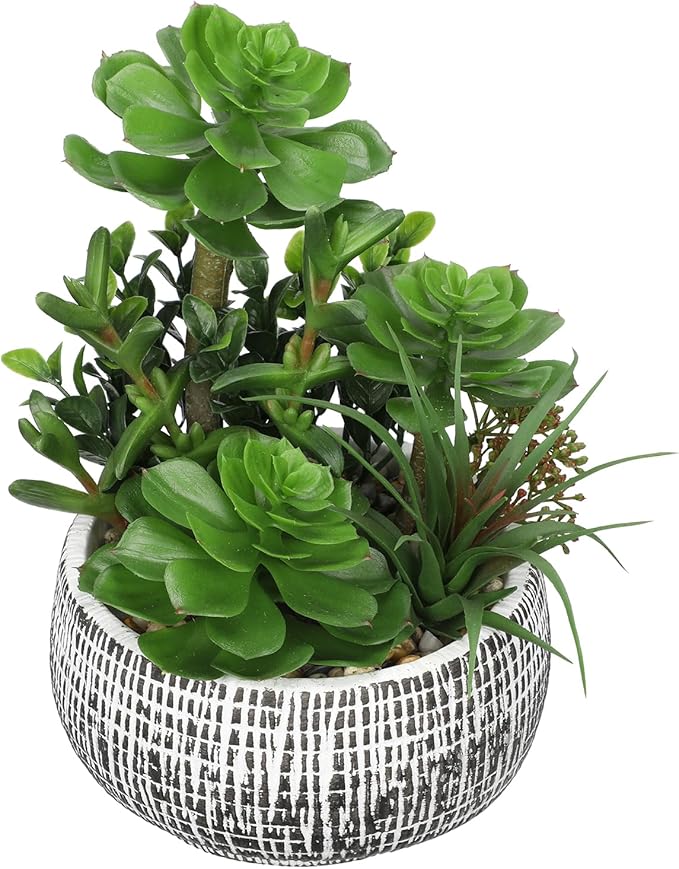 Villa Como 10” Large Succulents Plants Artificial in Ceramic Pots Potted Faux Succulent Arrangement with Black Bowl Pots Fake Desk Succulents Plants for Home Bathroom Shelf Table Indoor Decor