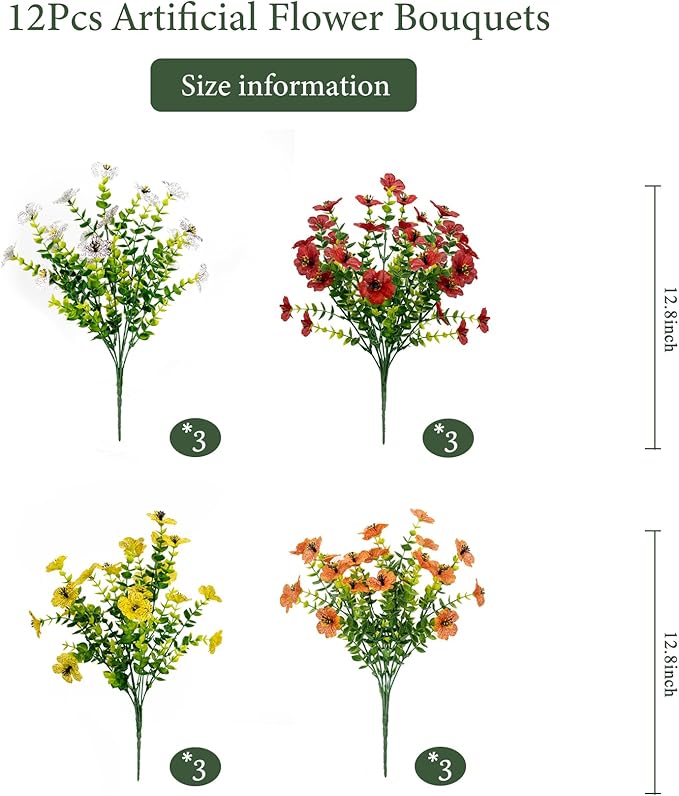 BCBLF Artificial Flowers for Outdoors UV Resistant, 12 Bundles Realistic Silk Flower Faux Fake Plants for Porch Patio Yard Planters, Spring Summer Home Garden Decor, Rose Red