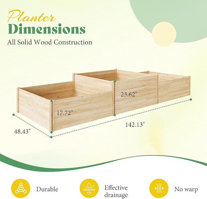 SPECRAFT 2 Tier Raised Garden Bed, 23 Inch Deep Fir Wood Planter Box with Mortise & Tenon Structure, 3-Section Open Base for Vegetables, Flowers & Herbs, Backyard, Garden & Patio, 142 x 49 x 24 in