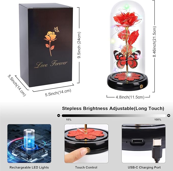 Valentines Day Rose Gifts for Her Birthday Gift for Women, Rechargeable Galaxy Glass Rose in Glass Dome Eternal Crystal Flower Butterfly Gift Valentine Gifts for Women Daughter Mom Wife Girlfriend Red
