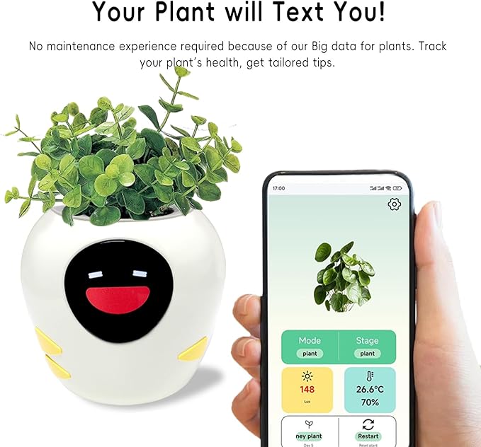 Odpaltoy Smart Plant Pot with Expression, AI Intelligent Flower Pot for Indoor Decoration, Smart Garden Pot with Water/Light/Temperature Sensors, Ivy AI Planter (White（Big）)