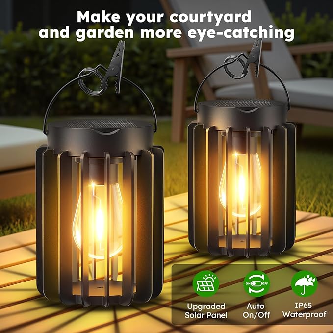 Solar Lanterns Outdoor Waterproof, Brighter Up to 12 Hrs Outdoor Hanging Solar Lights, Outside Hanging Lanterns for Garden Porch Patio Yard Decor, Gifts for Women Mom Father Black, 4 Pack