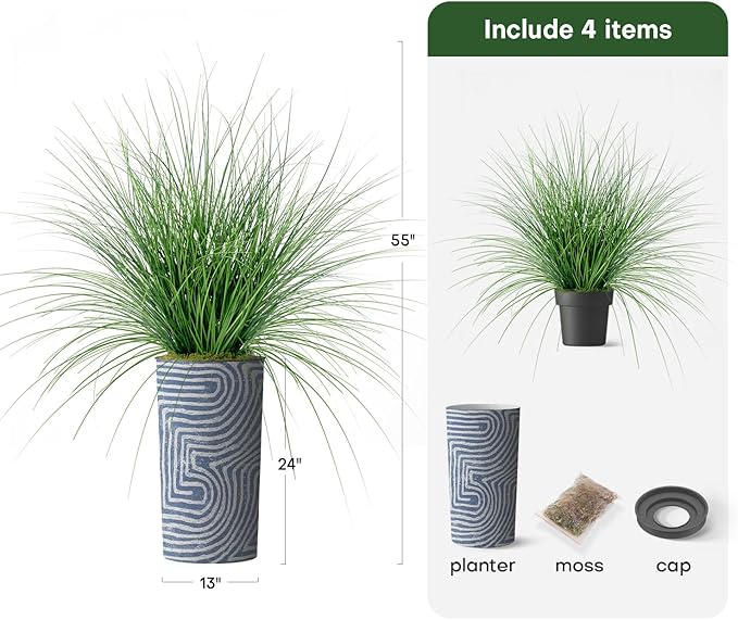 Artificial Tree in Contemporary Geometric Pattern Planter, Fake Onion Grass Silk Tree for Indoor and Outdoor Home Decoration - 55" Overall Tall (Plant Pot Plus Tree)