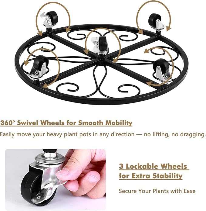 4 Pack Plant Caddy with Wheels 18 Inch Rolling Plant Stand for Large Plants Heavy Duty Plant Rollers Metal Plant Dolly Rustproof Planter Stand Wrought Iron Plant Stands Flower Cart Outdoor
