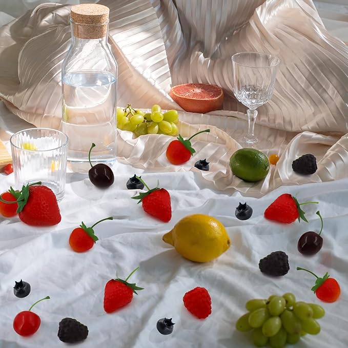 52 PCS Artificial Fake Fruit, Includes Fake Strawberries Fake Blueberries Fake Raspberries Fake Cherries, Reusable Waterproof Plastic Cake Dessert Party Home Kitchen Decoration, Photography Props