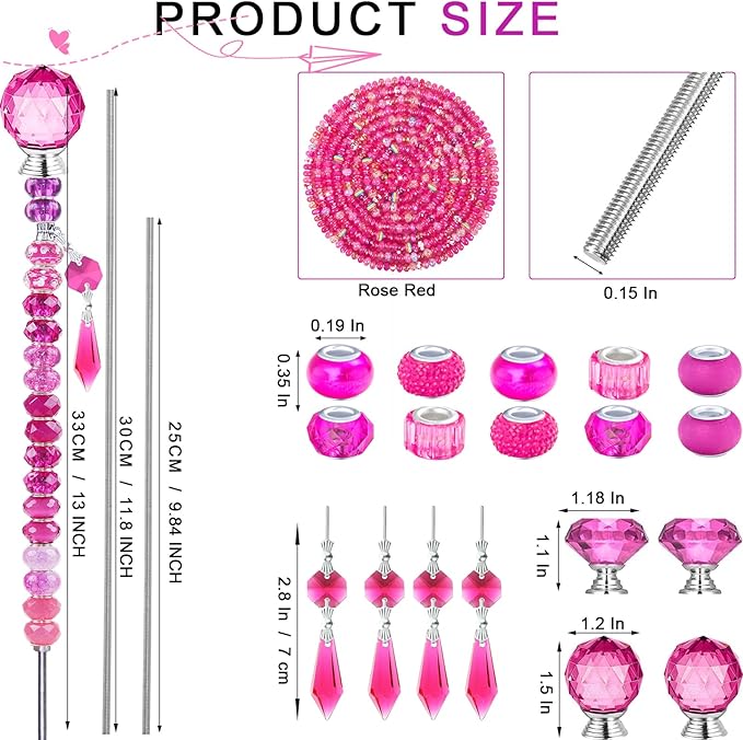 121 Pcs DIY Fairy Wand Beaded Garden Stakes Kit, Fairy Wands Garden Kit Rose Red Large Hole Bead with Pendants Crystal Stopper Top Threaded Rod Beaded Garden Stakes Supplies for Outdoor Decorative