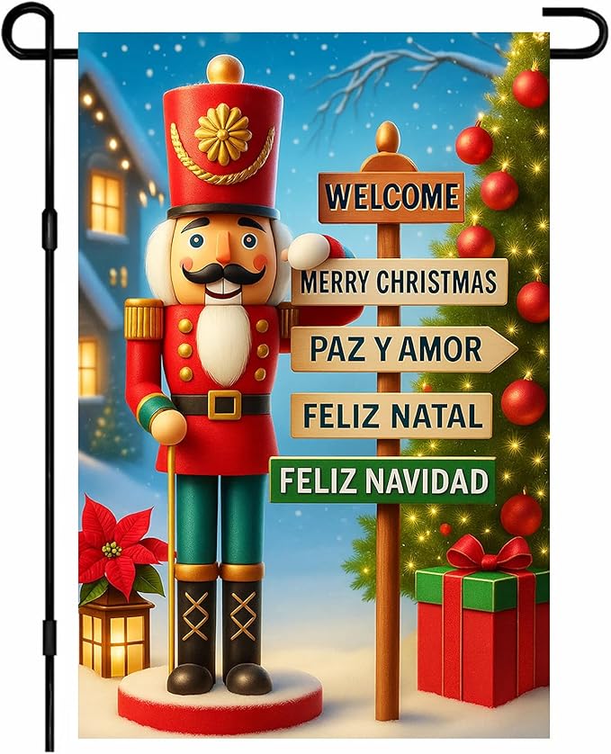 IVN Christmas Garden Flag 12x18 Inch Double Sided Nutcracker with Multilingual Holiday Sign Outdoor Yard Flag for Outside Home Front Door Lawn Porch Patio Welcome Decor